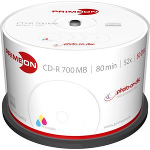 PRIMEON CD-Rohlinge 2761105, bedruckbar, CD-R, 700 MB, 80 Minuten, bis zu 52-fach, Spindel, 50 Stück