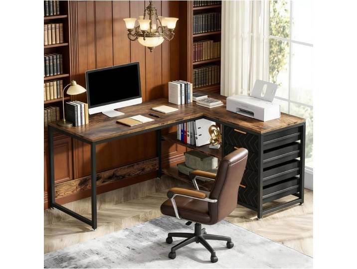 Bureau d'angle réversible – bureau informatique – 4 tiroirs – étagère 2 niveaux – structure métal – effet bois