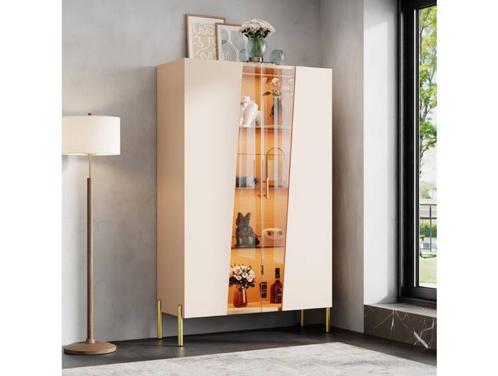 Vitrine LED en verre asymétrique 2 portes 3 étagères en verre réglables - BEAUNIV - en MDF et verre salon beige