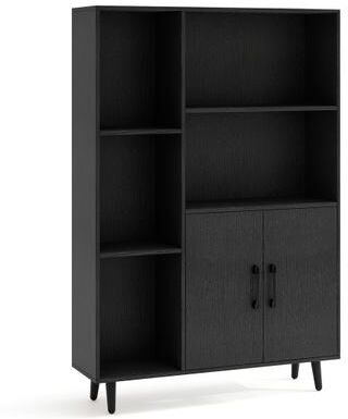 Costway 4 Inch Floor Bookshelf with 5 Open Compartments and Storage Cabinet-Black