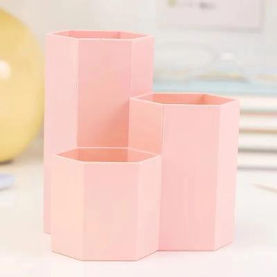 Three Grid Multifunctional Pen Holder Desktop Stationery & Makeup Brush Storage Box Organizer pink