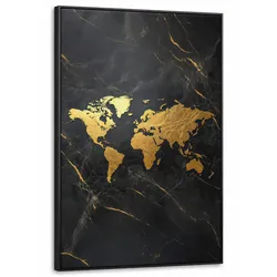 LEINWAND Bilder mit Rahmen - Weltkarte - Gold - Marmor - 90x140