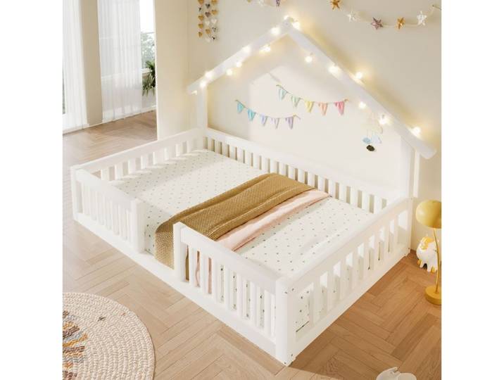 Lit cabane enfant 90 x 200 cm SENVIRO blanc en MDF et pin LED chaude barrières de sécurité lit au sol