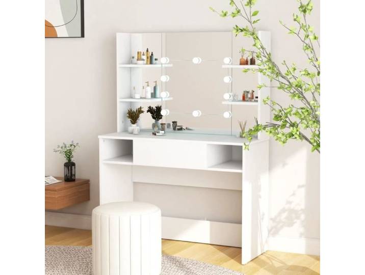 BLL Table de maquillage avec éclairage LED 100x40x135 cm MDF Blanc 7070649506037