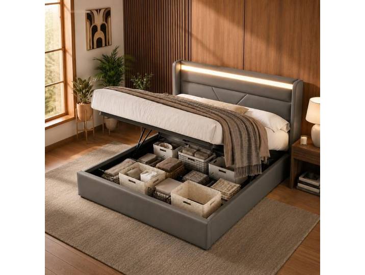 Lit escamotable hydraulique 160x200cm avec LED gris sans matelas