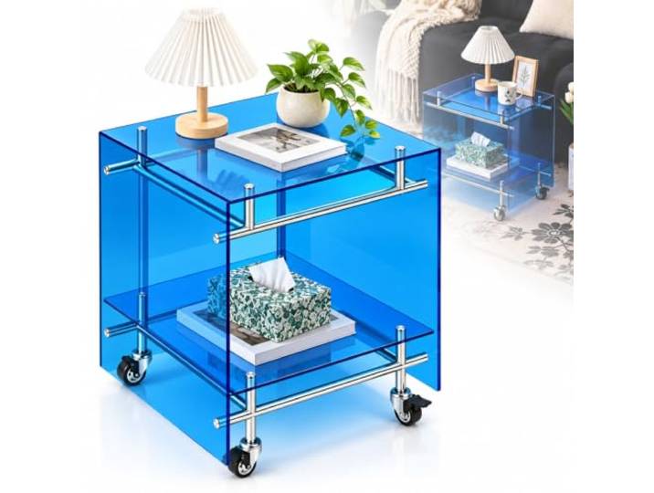 AMQYDT Acryl-beistelltisch, Zweistöckiger Rollbarer Nachttisch Mit Rollen Und Offenem Stauraum, Transparenter Hellblauer Nachttisch Für Kleine Räume, Schlafzimmer, Wohnzimmer Blue