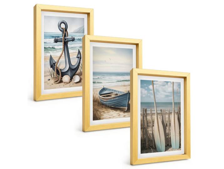 Tulup Bilder SET 3er Set - 20x30 cm Goldrahmen - Anker, Boot, Ruder, Strand, Goldfarben, Kunststoff, Rechteckig, 20x30 cm, Fotografie, Bilder & Rahmen, Bilder