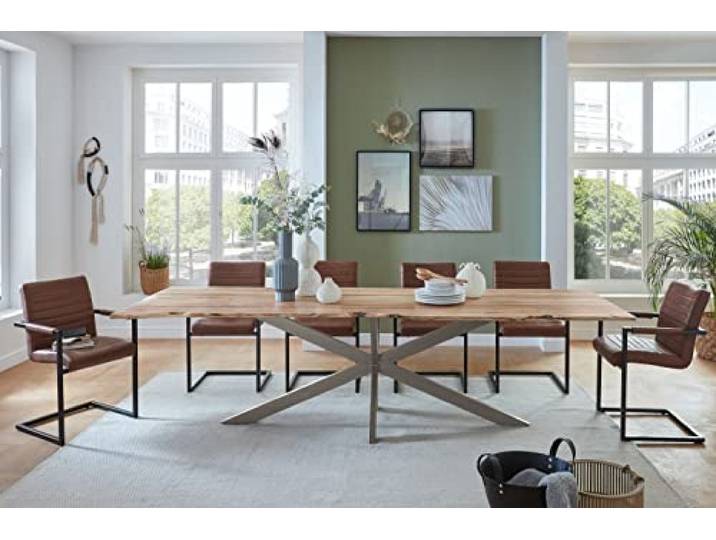 SAM Esstisch Clara 280x100 cm Akazie natur / Spider-Gestell silber massiv, Akazienholz naturfarben, Tischplatte 26 mm, Baumkantentisch, Esszimmertisch, Metallgestell