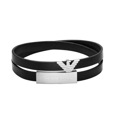 Wickelarmband EMPORIO ARMANI "Schmuck Geschenk Edelstahl, Leder", schwarz (edelstahlfarben, schwarz), Armbänder, Damen, 50cm, Edelstahl Leder, Edelstahl, Leder, Wickelarmband