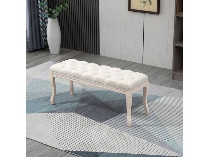 Banc vintage capitonné pour chambre et salon banc de rangement en bois d'hévéa avec revêtement en lin beige 110 x 40 x 48 cm