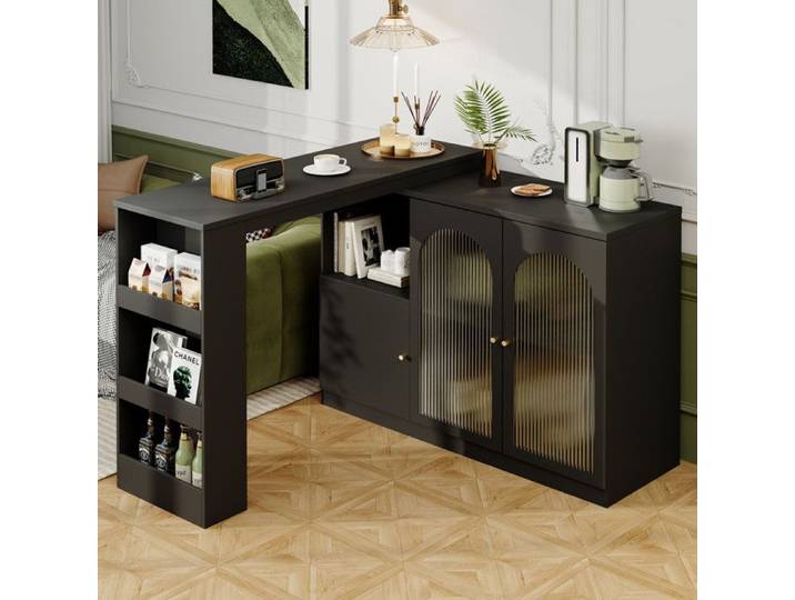 Table de Bar Rotative 360° Armoire Rangement Multifonction Armoire Salle à Manger Bar Moderne noir avec Porte Vitrée 120x40x97cm