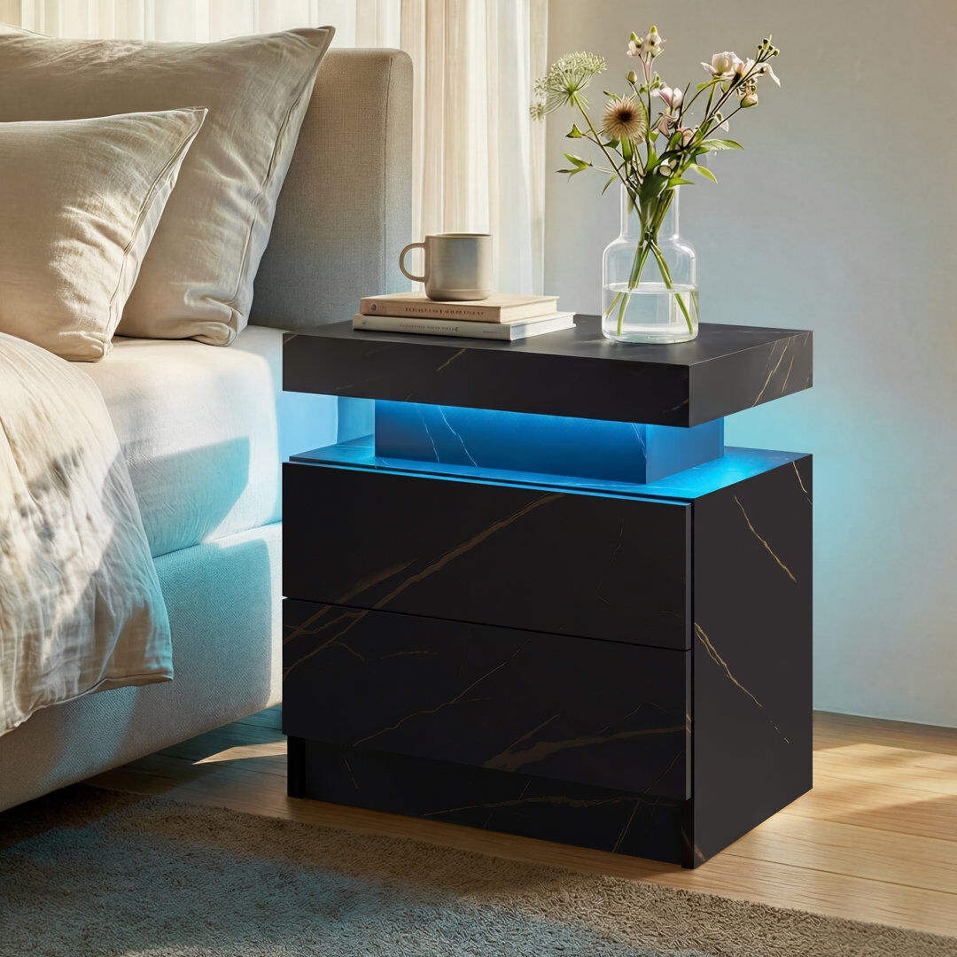 Metro LED Bedside Table with 2 Drawers, Bedside Table with LED Lights for Bedroom Black Marble 35cm H X 49cm W X 52cm D