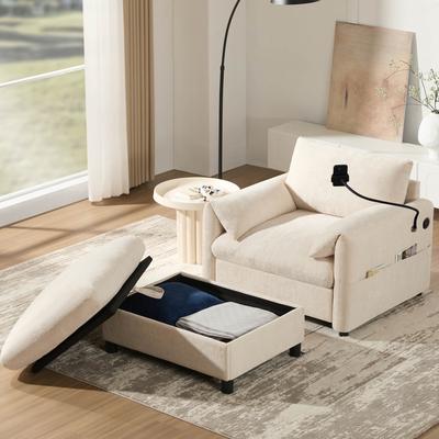 Loedds 37-Inch Chenille Chaise Lounge with Storage & USB Charging & Ottoman