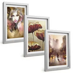 BILDER SET 3er Set - 20x30 cm Silberner Rahmen - Abstraktes Porträt einer Frau mit Blumen und Regen