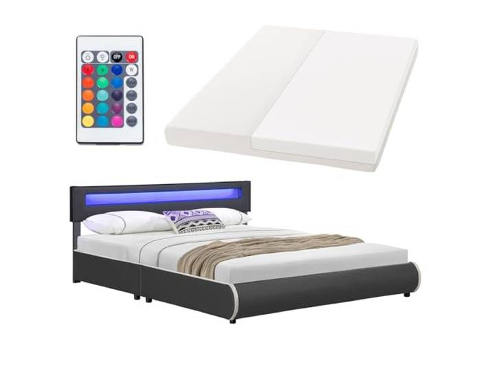 Juskys Polsterbett Sevilla 180x200 cm mit Matratze, LED Beleuchtung, Lattenrost & Kopfteil - Holz & Kunstleder - 16 Farbeinstellungen & Fernbedienung - Bett Bettgestell Doppelbett - Grau