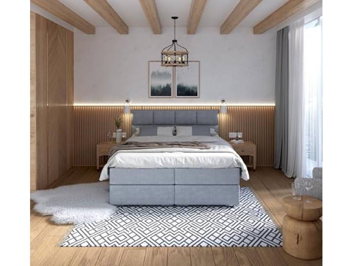FDM Boxspringbett Polsterbett Stauraumbett Springbett mit Bettkasten 140x200, 160x200, 180x200cm hochwertigem Velours - mit gepolsterten Kopfteil (Paris-Grau, 160x200)