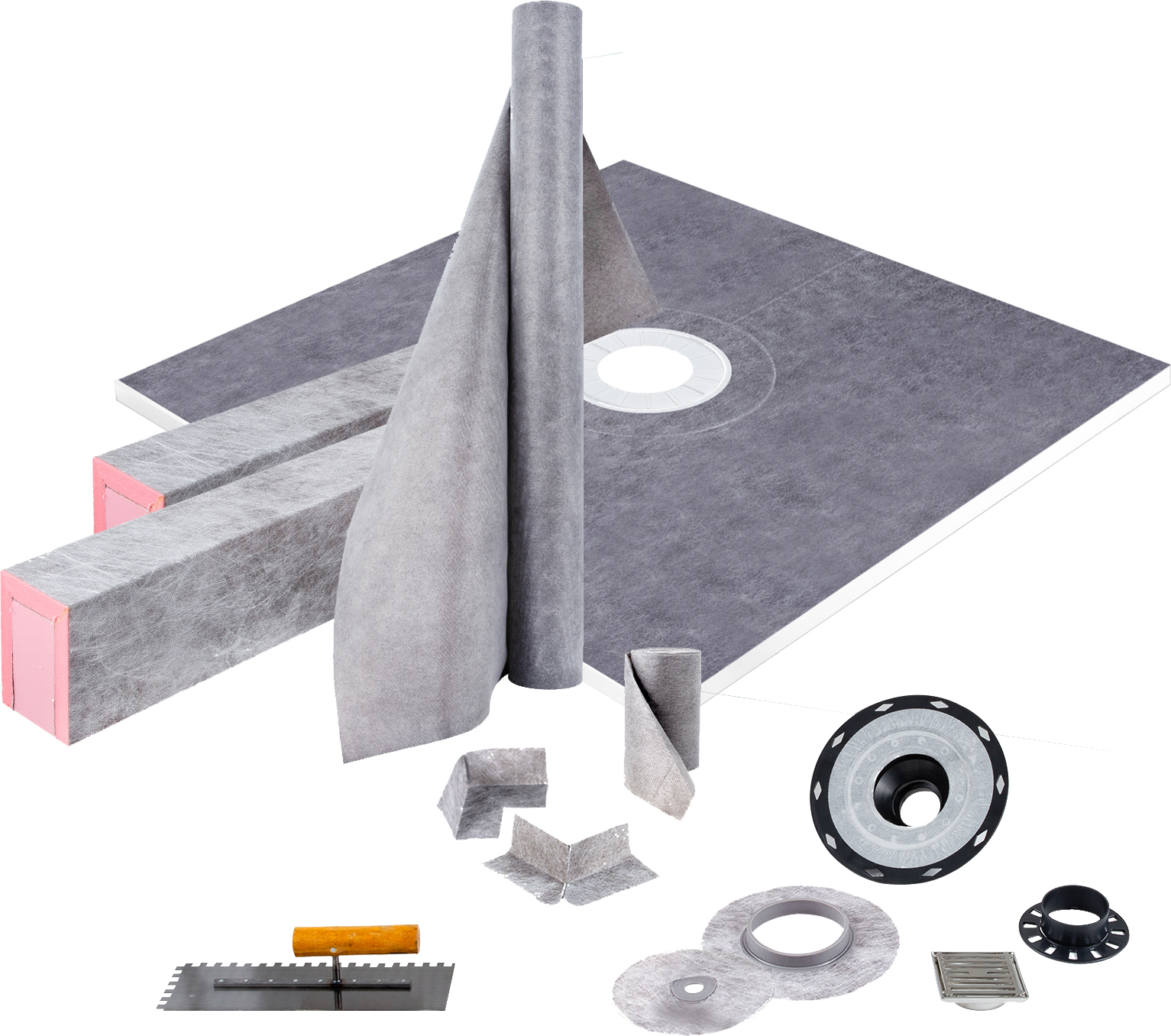 SucceBuy-Duschschwellen-Set, 48 x 48 Zoll, wasserdichte Duschwanne mit 4 Zoll PVC-Abfluss, Edelstahlrost, verstellbaren Schwellen und Kelle für DIY-Badabdichtungen