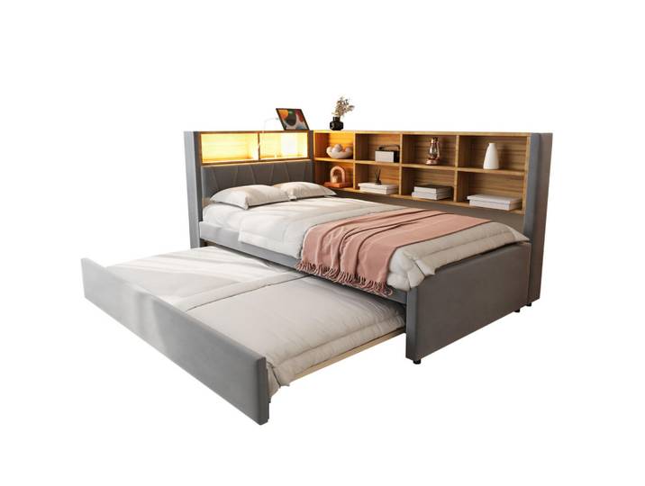 Modfu Multifunktionale Bett Schlafsofa aus Flanell 90x200 cm Dunkelgrau mit Ausziehbett, Led, Ladeanschlüssen und Stauraum, Rechteckig, 90x200 cm, Schlafzimmer, Betten
