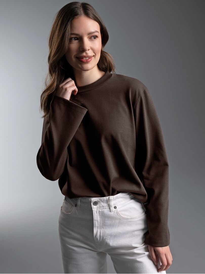 Longsleeve TRIGEMA "TRIGEMA Langarmshirt mit ausgestellten Ärmeln", Damen, Gr. S, braun (mocca), Single Jersey, 100% Baumwolle, Basic, Rundhals, Shirts Longsleeve