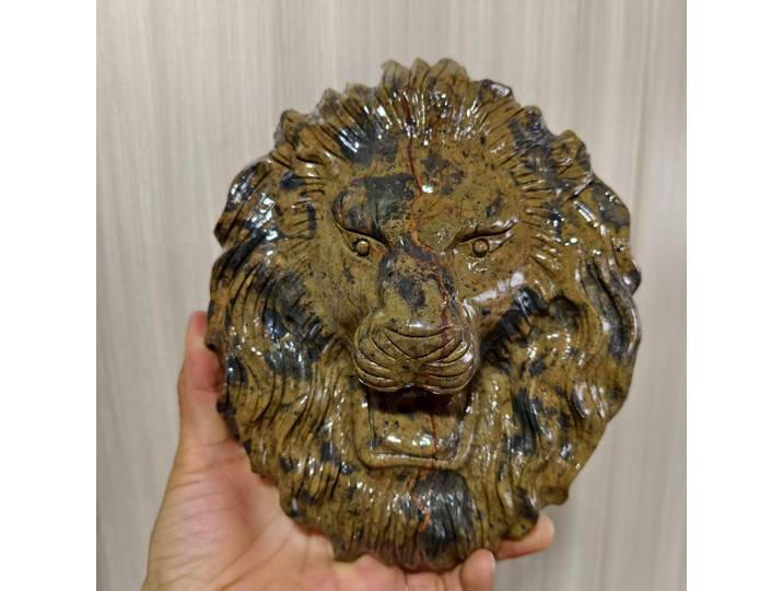 Plaque ronde tête de Lion en pierre naturelle à trois fleurs, minerai de cristal de Quartz sculpté Lion, minéral, spirituel, guérison