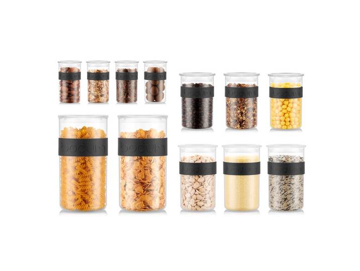Bodum Presso Lot de 12 bocaux de conservation noir - 4 x 0,25 L / 3 x 0,6 L / 3 x 1 L / 2 x 2 L