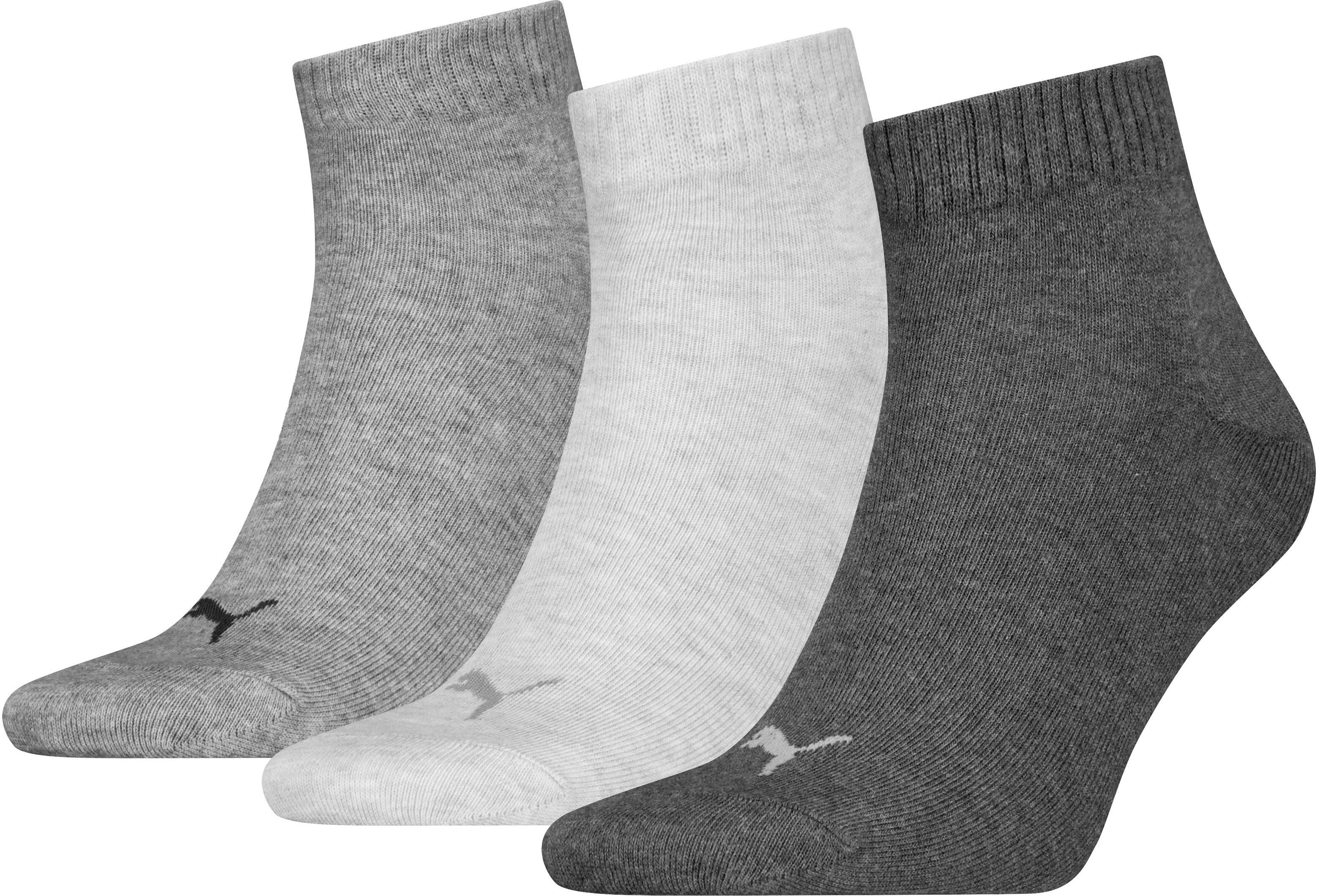 Kurzsocken PUMA "PUMA UNISEX QUARTER PLAIN 3P", Herren, Gr. 35-38, Sockengrösse, grau (anthraci, l mel grau, m mel grau), Baumwollmischung, elastisch, Socken Kurzsocken, Atmungsaktiv, Rippenbündchen, weiche Baumwollmischung anthraci, l mel grau, m mel gra