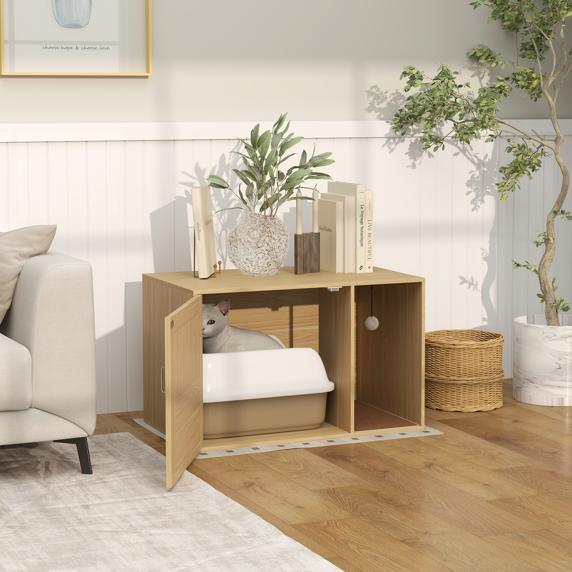 Pawhut Mobile Lettiera 2-in-1 con Porta in Rattan e Tappetino, 80x50x50 cm, Rovere   Aosom Italy