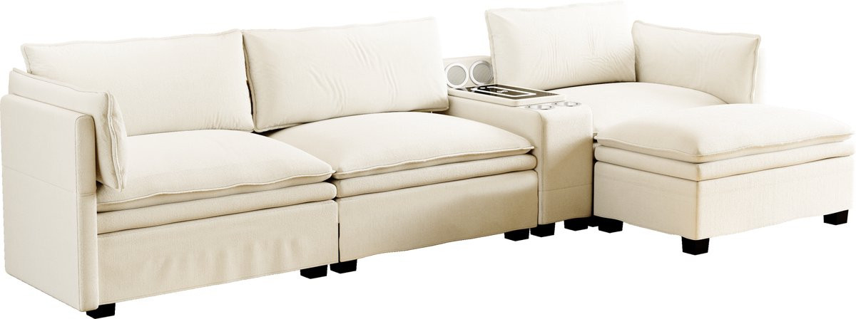 MODENUIT Hoekbank met Ottoman, Draadloos Laden en LED-verlichting, Chenille Beige, Breedte: 315 cm