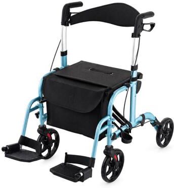 Costway 2-in-1 Adjustable Folding Handle Rollator Walker with Storage Space-Blue