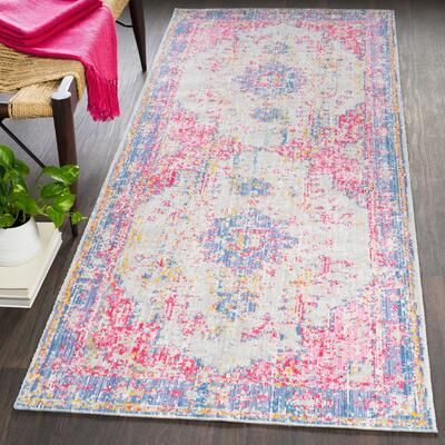 Livabliss "Vintage Distressed Oriental Pink and blue Runner Rug - 3' x 7'10"" Runner"