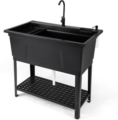 Costway 100L Utility Sink Laundry Tub with Rotating Faucet and Storage Shelf-Black