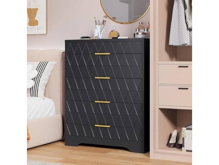 IDEALHOUSE Moderne hohe Kommode mit 4 Schubladen, schmaler Holz-Schubladenschrank – goldene Griffe, vertikaler Stauraum für Schlafzimmer/Flur/Wohnzimmer – Farbe: Schwarz
