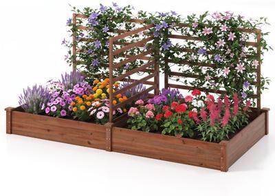 Costway Raised Garden Bed with 2 Planter Boxes and 3 Trellis-Brown