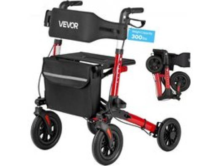 VEVOR Rollator 3-Fach Faltbar mit Sitz, Leichter Gehwagen mit 4 Reifen, Gehhilfe bis 136 kg mit Rückenlehne Tasche Gehstockhalter, Höheverstellbare Laufhilfe mit Feststellfunktion für Senioren, Rot