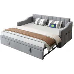 OKWISH Multifunktionales Schlafsofa 90x190 mit Ausziehmechanismus, USB-Ladeanschlüssen, stabilem Lattenrost für kleine Wohnungen und Gästezimmer Hellgrau