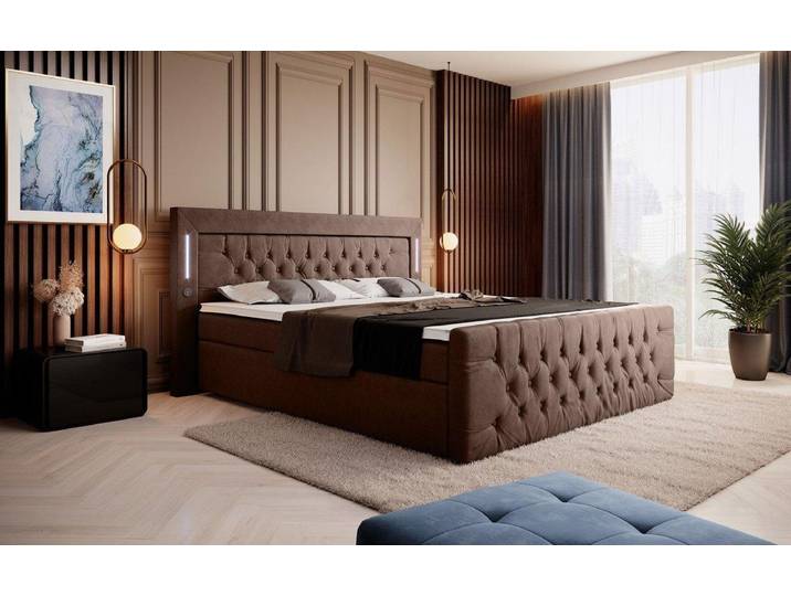 Boxspringbett Elegance mit LED, USB und Stauraum - 160x200 - Braun - H3 (70-100kg) - Luxusbetten24