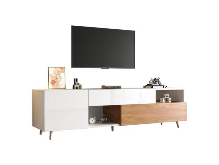 Meuble TV Logidon 180x38x50 cm porte et tiroir aspect bois blanc