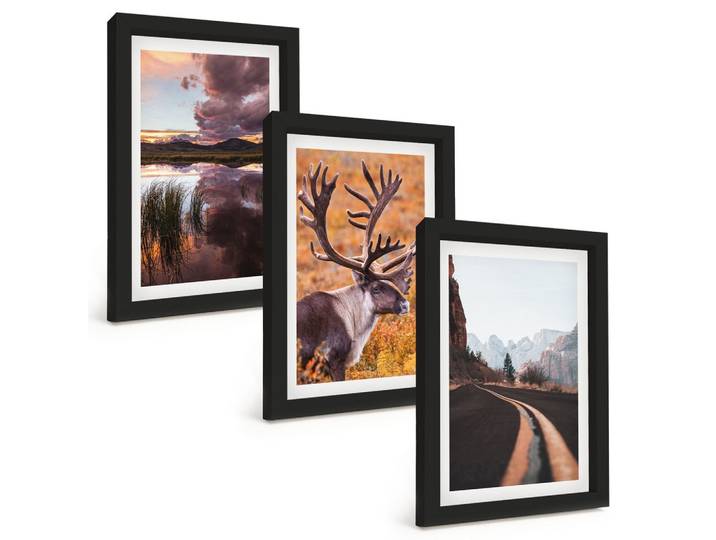 BILDER SET 3er Set - 20x30 cm Schwarzer Rahmen - Berglandschaften mit Rentieren