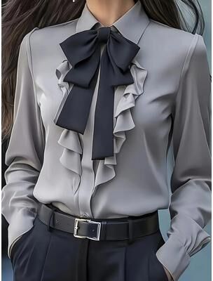 Fabled Fashion Studio Womens Bow Tie Blouse With Ruffle Trim And Long Sleeve gray s