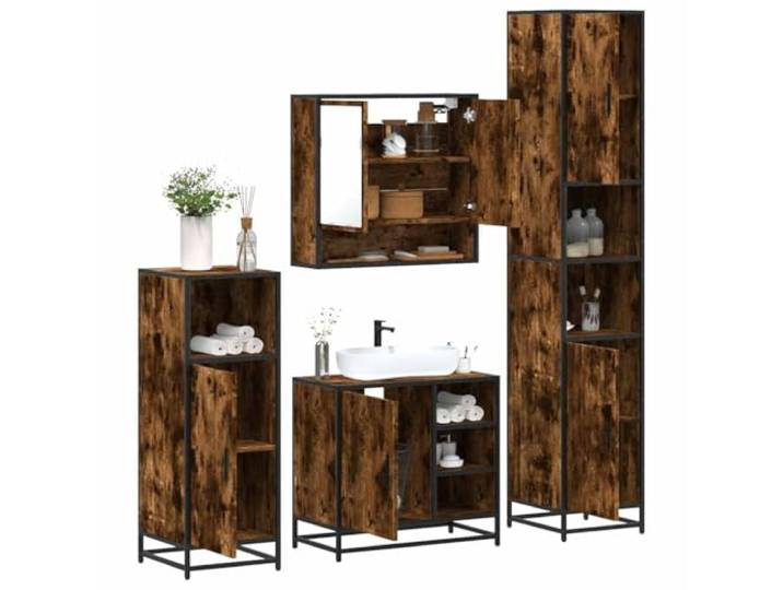 HWKQEQRF 4-TLG. Badmöbel-Set Räuchereiche Holzwerkstoff Metallgestell, Lowboard, Spiegelschrank, Wandmontage, Stauraum, Waschbeckenunterschrank