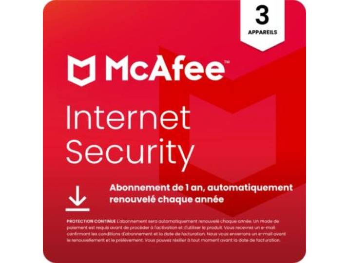 Mcafee - Logiciel Antivirus Et Optimisation Internet Security 3 Appareils 1 An