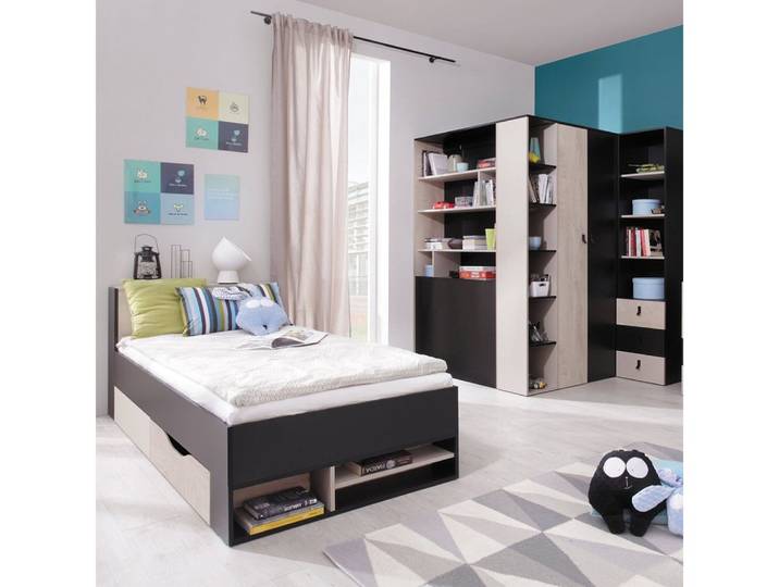 Lomadox Jugendzimmer-Set PITTSBURGH-133, (Sparset, 3-tlg), mit begehbarem Kleiderschrank & Bett 90x200, schwarz/Eiche/beige