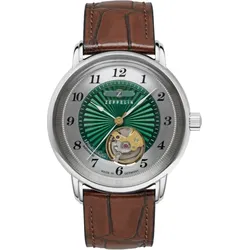 Zeppelin Damenuhr 85672 Sonderangebot - Dunkelgrünes Ziffernblatt mit zentraler Guillochierung und schwarzen Zahlen/Indices,braun,braune Naht - 36mm