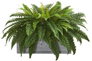 Nearly Natural Boston Fern Artificial Plant in Stone Planter - h: 30 in. w: 18 in. d: 24 in