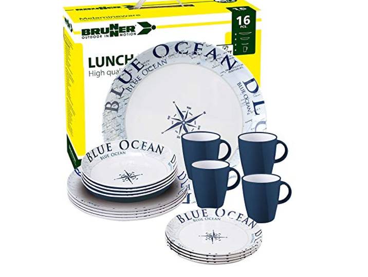 BRUNNER Melamin-Geschirr Campinggeschirr (16 Teilig) BLUE OCEAN LUNCH BOX Antislip (Antirutsch), 4 Personen, Leicht, Bruchfest, Teller & Kaffe-Becher, Wohnmobil Wohnwagen & Boot & Grill + Picknick