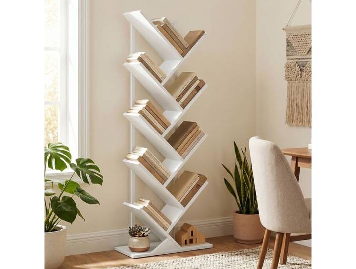 Bibliothèque arbre industrielle sur pied avec cadre en acier - BEAUNIV - 27 kg blanche - 50 × 24 × 136 cm