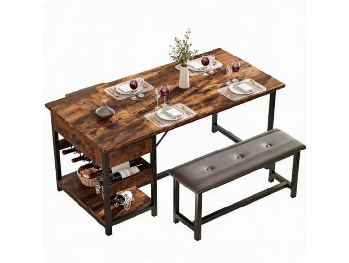 JustSmart Essgruppe für 4 Personen – Esstisch mit Polsterbänken, Schubladen & Weinregal – Kompaktes Set für kleine Esszimmer – Stil: klassisch – Farbe: klassisch Braun