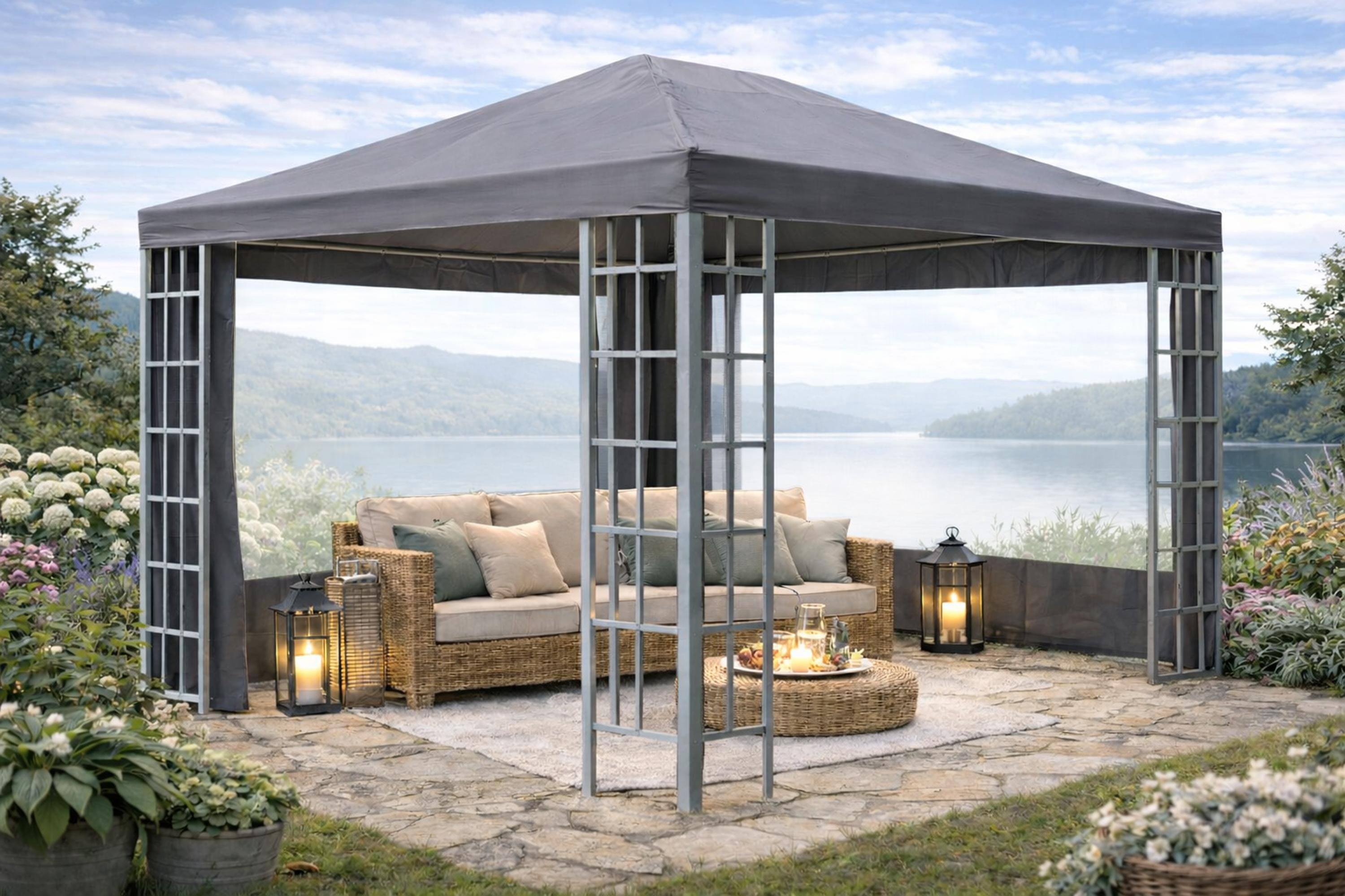 Metall Pavillon 3x4m Silver mit 2 Seitenteilen mit Fenster Garten Partyzelt Anthrazit
