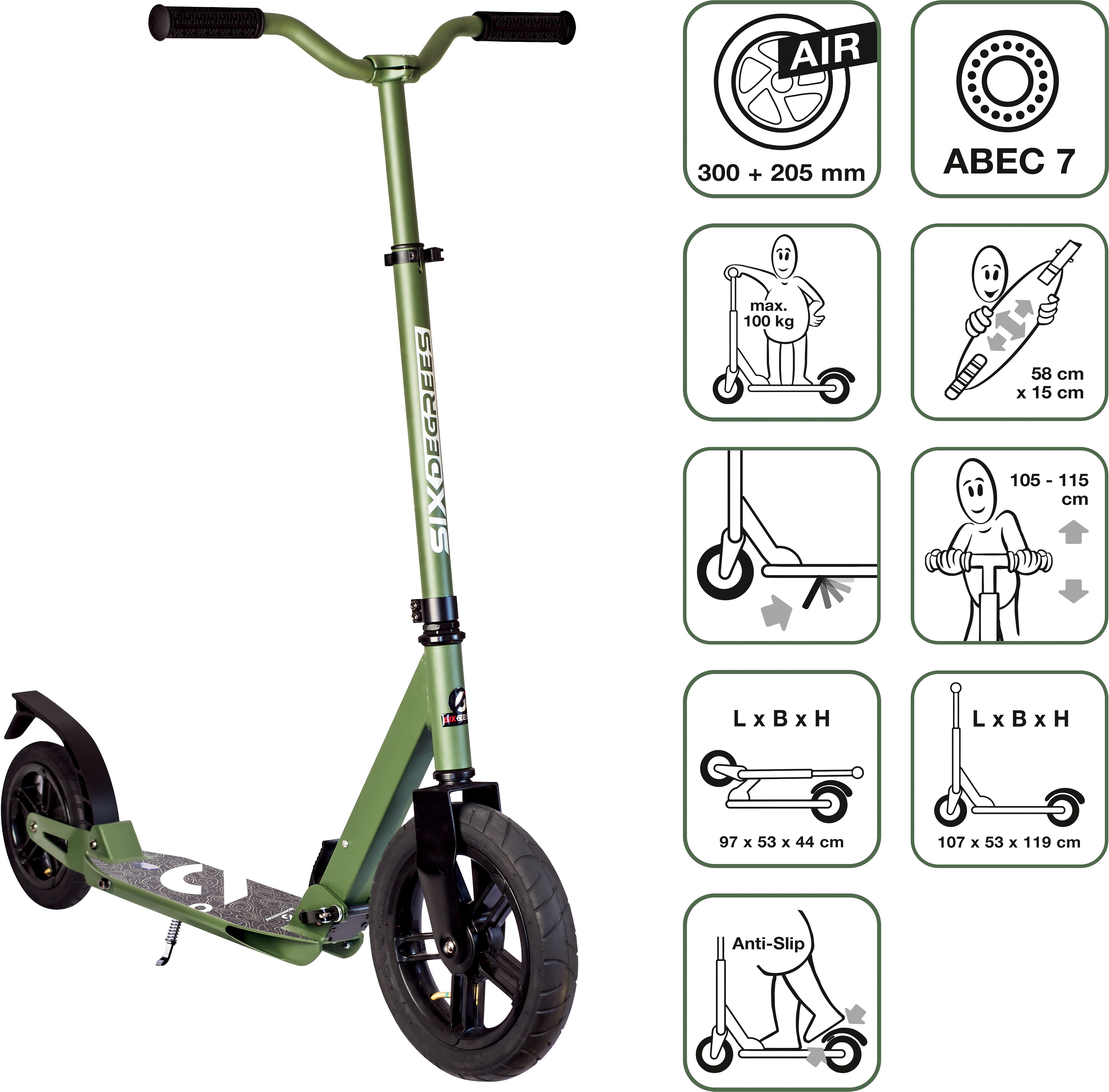 Scooter SIX DEGREES "Aluminium Scooter All Terrain 300/205 mm", grün, Roller, KinderB:53cm L:107cm, Scooter, B:53cm L:107cm grün Einheitsgröße