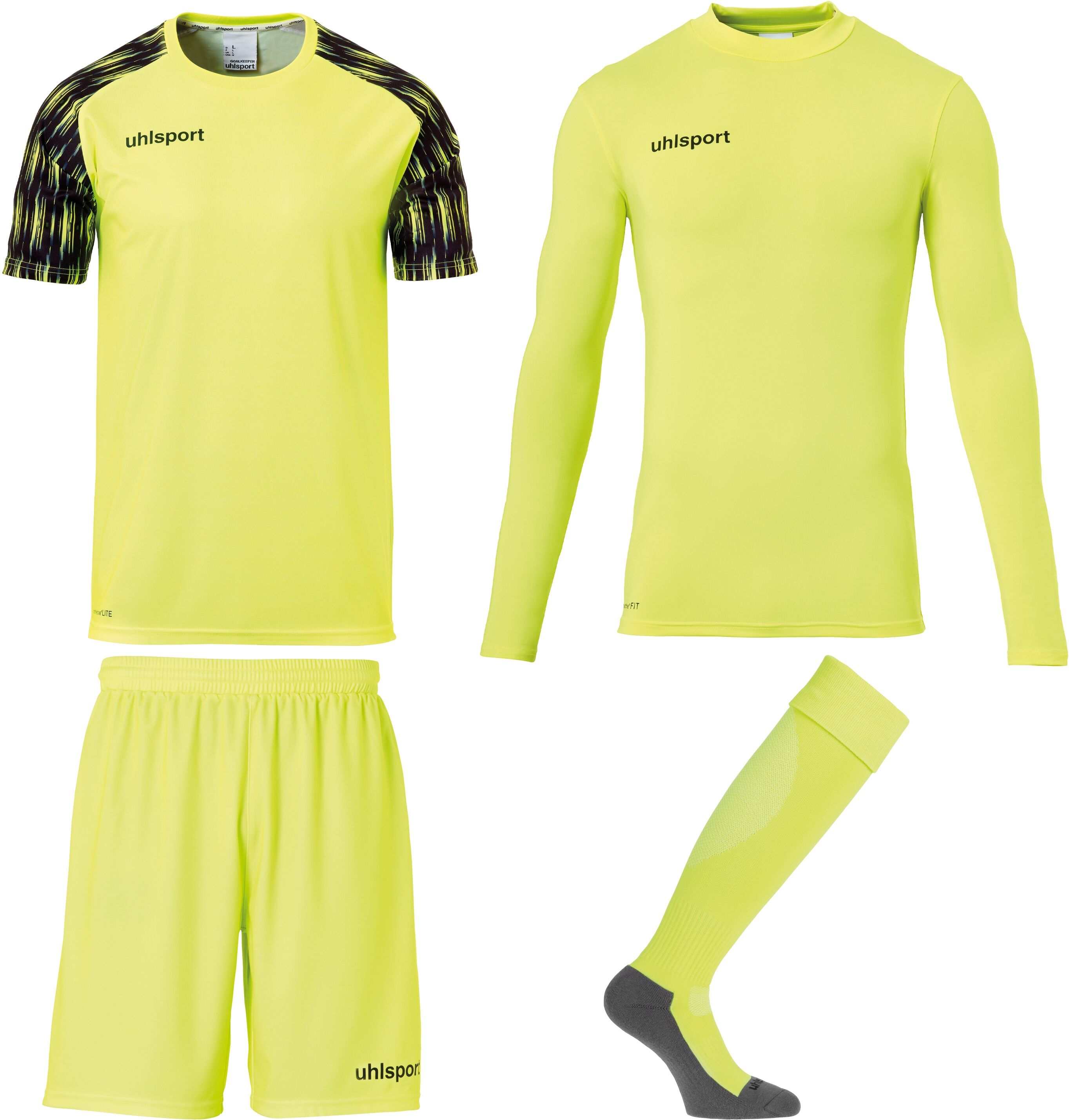 Sportanzug UHLSPORT "Torwart-Sets REACTION GOALKEEPER SET Kids", Kinder, Gr. 140, gelb (fluo gelb, schwarz), Obermaterial: 89% Polyester Pol. recyc.. 6% Elasthan EL. 5% Baumwolle CO., Sportanzüge Sportanzug